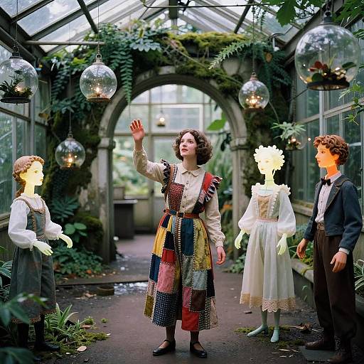 Puppeteer with Bioluminescent Marionettes in Greenhouse