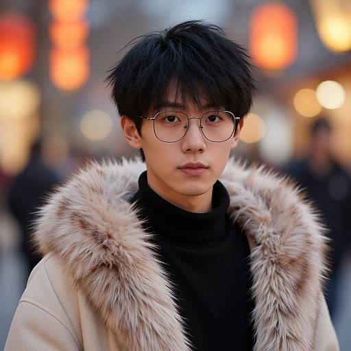 Photograph of an Asian man with black, spiky hair, round glasses, and a fur-trimmed beige coat, standing in a blurry,