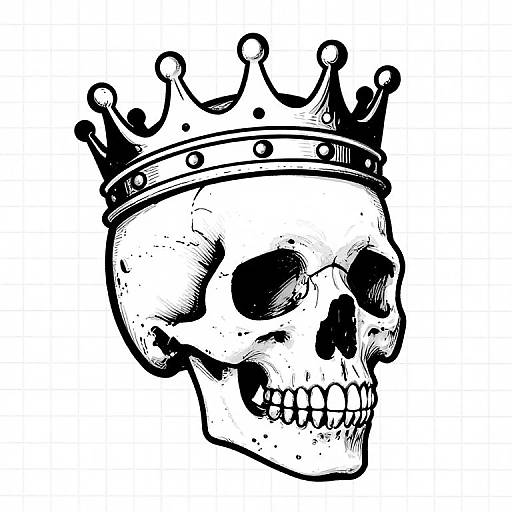Black and white tattoo-style drawing of a skull wearing a detailed, jeweled crown with three rounded points, showcasing empty eye sockets and a grinning dental