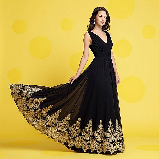 Photograph of a smiling woman with wavy brown hair, wearing a black, sleeveless V-neck gown with gold floral embroidery on the skirt, against