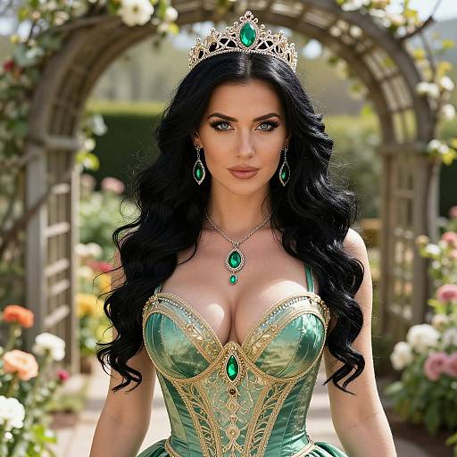 Photorealistic digital art of a fair-skinned woman with long black hair, wearing a green and gold corset, tiara, and emerald