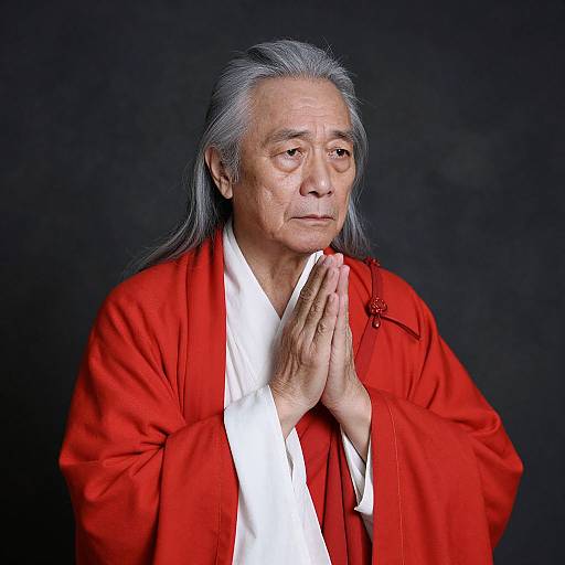 Photograph of an elderly Asian man with long gray hair, wearing a red robe and white shirt, praying with hands clasped against a dark background.