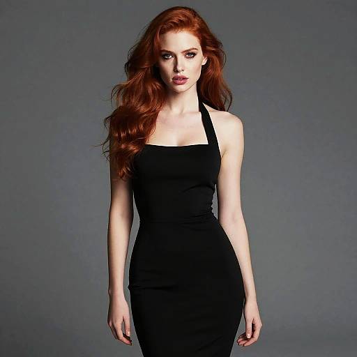Photograph of a pale-skinned, red-haired woman with long wavy hair, wearing a form-fitting, strapless black dress, standing against