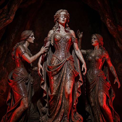 Photograph of three dark bronze statues of classical women, illuminated with red light, standing in a cave-like setting, one central figure adorned with intricate cor