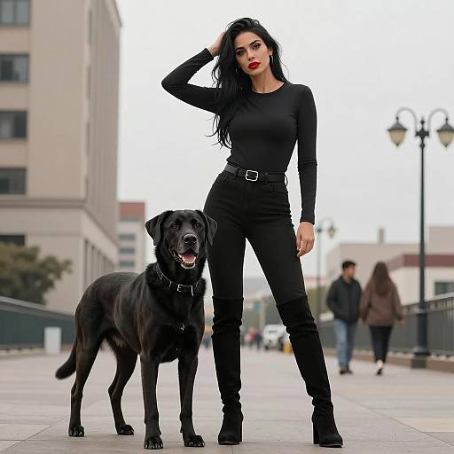 Confident woman with black dog in urban setting