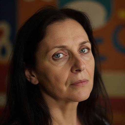 Photograph of a middle-aged woman with fair skin, blue eyes, and black hair, looking slightly to the side with a neutral expression, set against