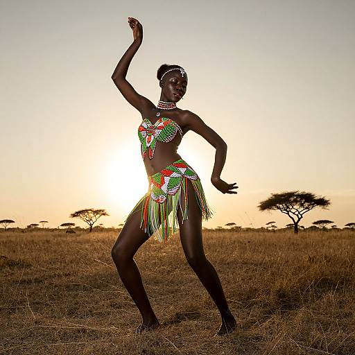Photograph of a dark-skinned African woman in colorful traditional tribal attire, posing gracefully at sunset in a grassy savanna with acacia trees in