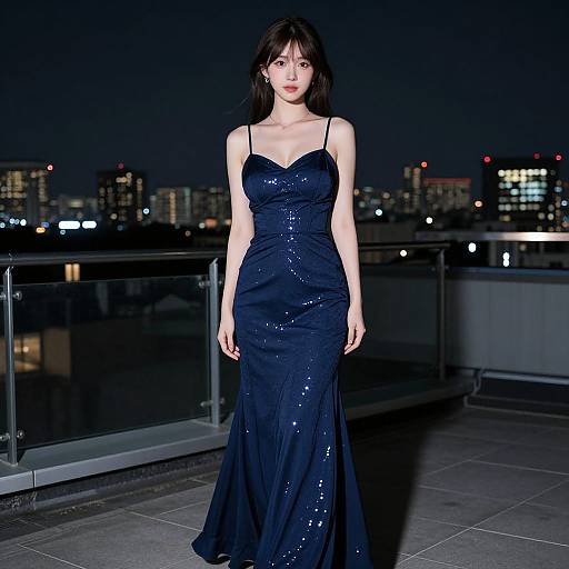 Photograph of a young woman with pale skin, black hair, and red lipstick, wearing a sparkling black evening gown, standing on a rooftop at night