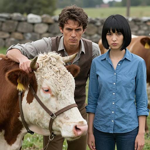 Intense Portrait of Man, Woman, and Cow