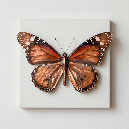 Photograph of an orange and black butterfly with white spots, resting on a white square background. Butterfly's wings spread out, showcasing detailed textures and vivid