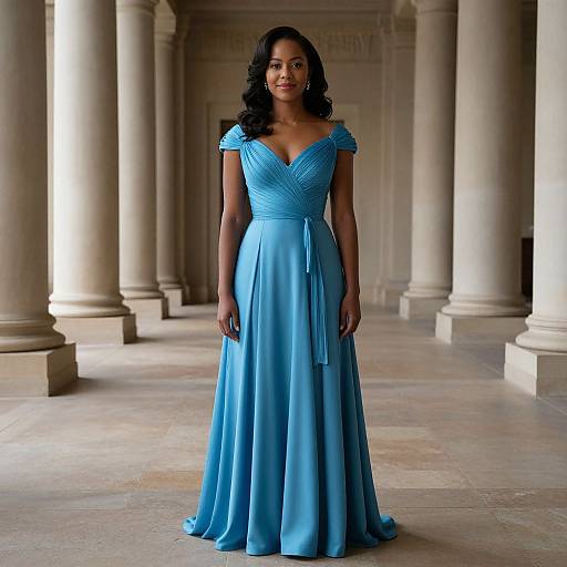 Photograph of a Black woman with wavy black hair, wearing a blue, off-the-shoulder, floor-length gown with a ruched