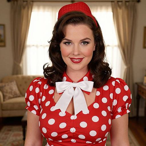 Photograph of a fair-skinned woman with dark, wavy hair, wearing a red polka dot dress, white bow, red hat, and