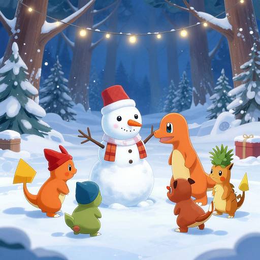 Digital illustration of Pokémon characters (Charmander, Cyndaquil, Totodile, Chikorita, Cyacog) gathering around a