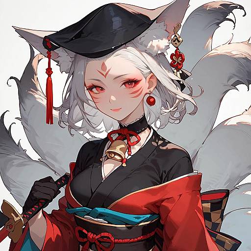 Fox-Eared Kimono Swordswoman Unsheathing Blade
