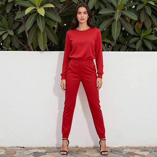 Woman in Red Outfit Against White Wall