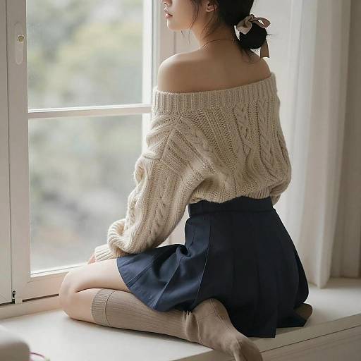Woman in Off-Shoulder Sweater by Window