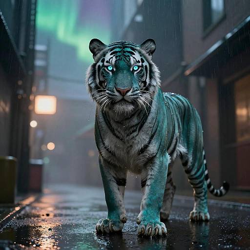 Digital artwork of a glowing blue-eyed, white tiger with black stripes walking in a rainy, neon-lit city alley at night.