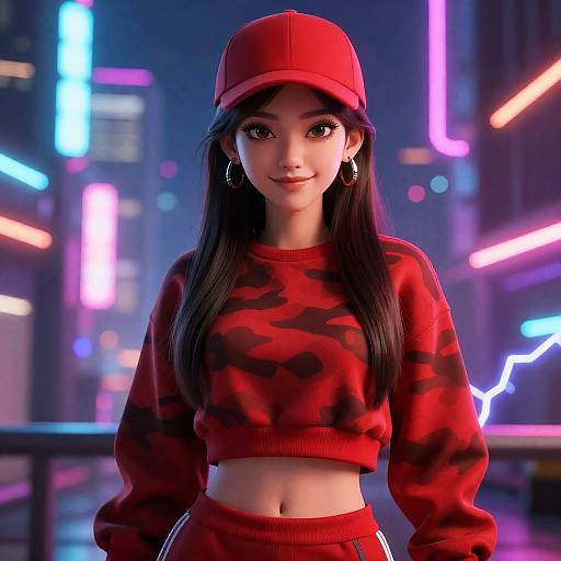 Cyberpunk Girl in Red Camo Outfit