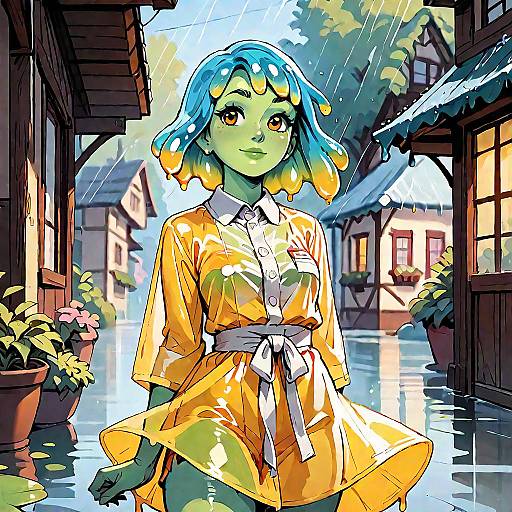 Playful Rainy Slime Girl in Raincoat