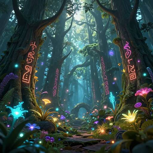 Digital fantasy forest scene with glowing neon runes on trees, colorful bioluminescent plants, and ethereal light filtering through towering trees.