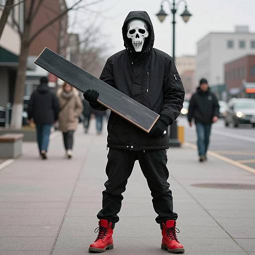 Person in Skull Mask Holding Rectangular Board