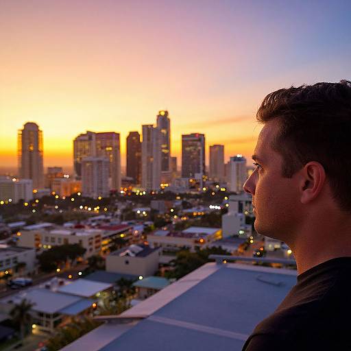 Photograph of a man in profile, gazing at a city skyline at sunset, with colorful sky and illuminated buildings.