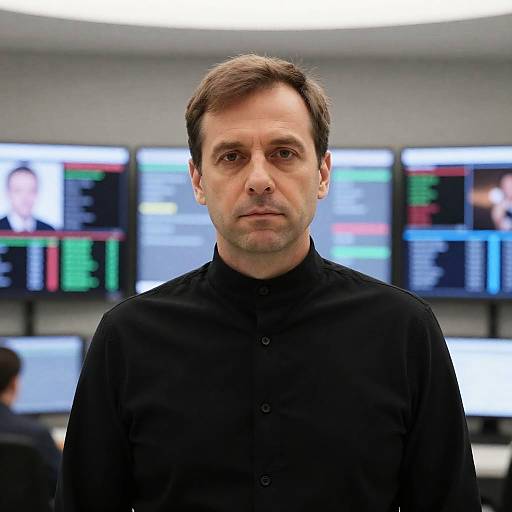 Focused Man in High-Tech Control Room