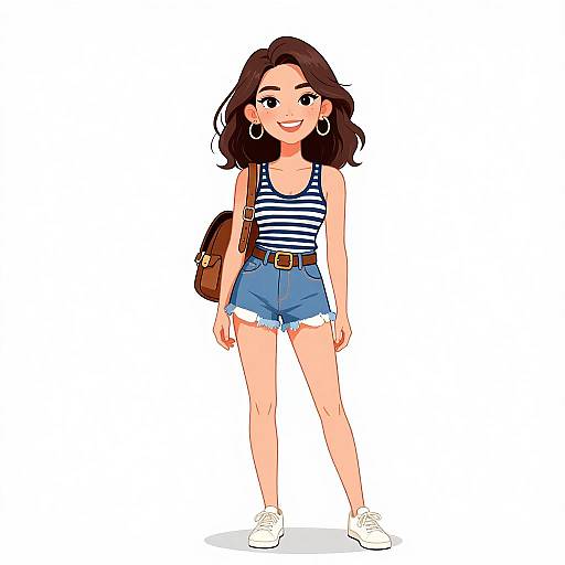 Digital illustration of a smiling young woman with dark brown hair, wearing a striped tank top, high-waisted denim shorts, white sneakers, and hoop