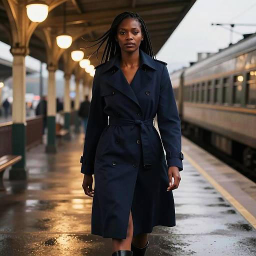 Photograph of a confident Black woman with long braids, wearing a black trench coat, standing alone on a wet, lit train platform with a train