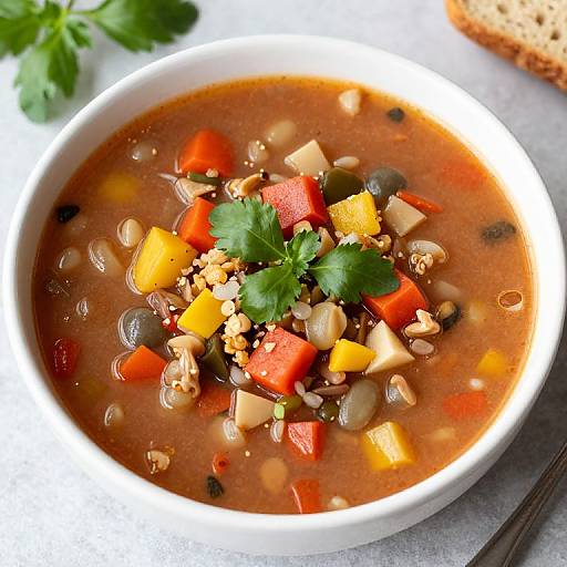 Photograph of colorful vegetable soup in a white bowl, topped with chopped tomatoes, bell peppers, olives, tofu, and garnished with parsley.
