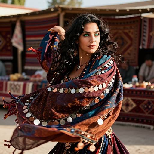 Photograph of a beautiful woman with long black hair, green eyes, and olive skin, wearing a colorful, ornate, silver-embellished