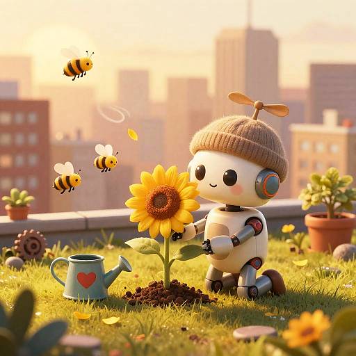 Robot planting sunflower in rooftop garden