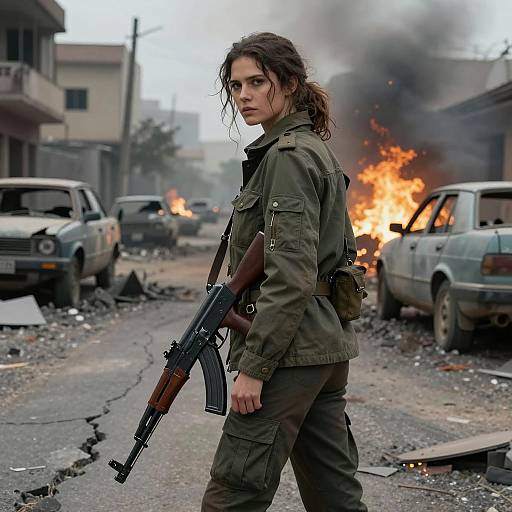 Determined Woman in War-Torn Landscape