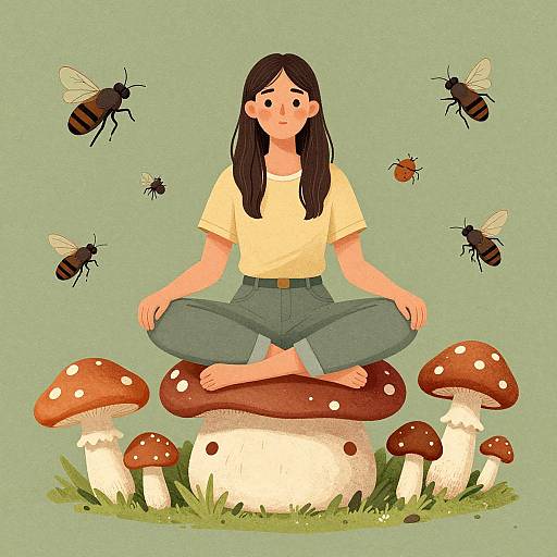 Woman Sitting on Toadstool Surrounded by Nature