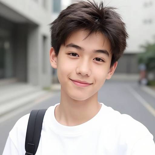 Photograph of a young Asian man with short, dark hair, wearing a white shirt and black backpack, smiling softly outdoors on a blurred urban street.