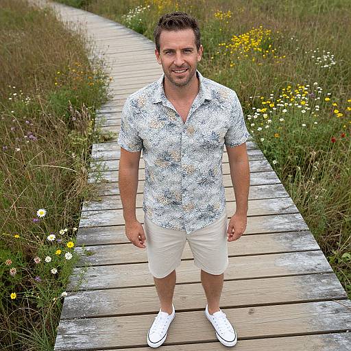 Photograph of a smiling, muscular man with short brown hair, wearing a white floral shirt, white shorts, and white sneakers, standing on a wooden