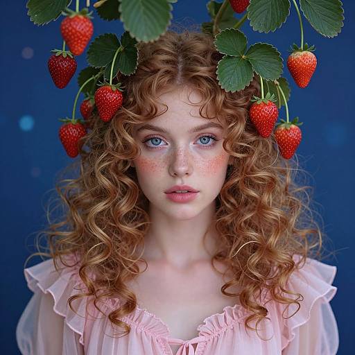 Photograph of a fair-skinned, freckled young woman with blue eyes, curly red hair, wearing a pink, ruffled blouse, adorned