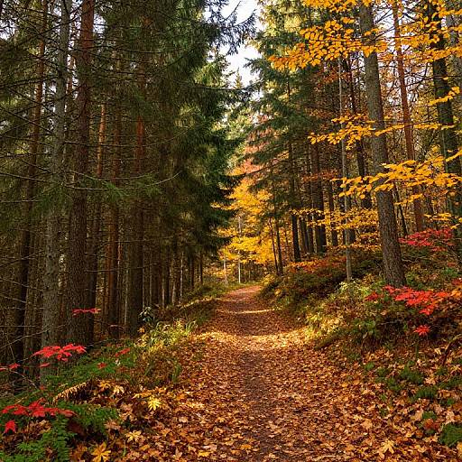Photograph of a forest path lined with tall trees, vibrant autumn leaves in yellow, orange, and red, and scattered red flowers. Sunlight filters