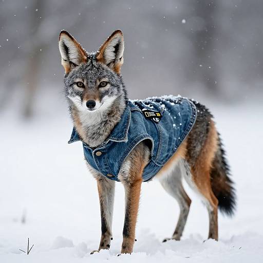 Photograph of a coyote in a blue denim vest, standing in a snowy landscape, with blurred, snow-covered background, and snowflakes falling