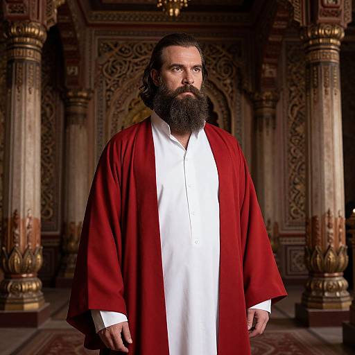 Bearded Man in Red Robe in Ornate Interior