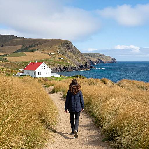Photograph of a woman with dark hair in a black coat walking on a path towards a white house with a red roof, surrounded by golden grasses