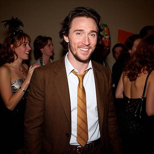 Photograph of a smiling man with dark hair and beard, wearing a brown suit, white shirt, and gold tie, at a glamorous party with dressed