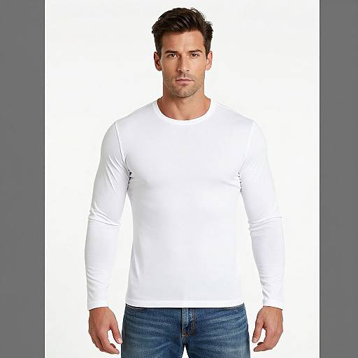 Photograph of a muscular, attractive, light-skinned man with short dark hair, wearing a white long-sleeve shirt and blue jeans, standing