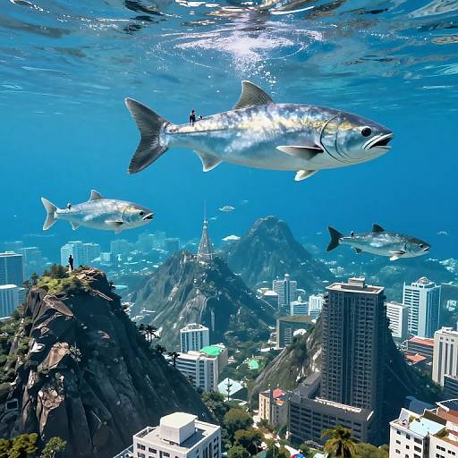 Photograph-like CGI of silver fish swimming above a vibrant, blue-toned cityscape with iconic mountains, skyscrapers, and a recognizable tower.