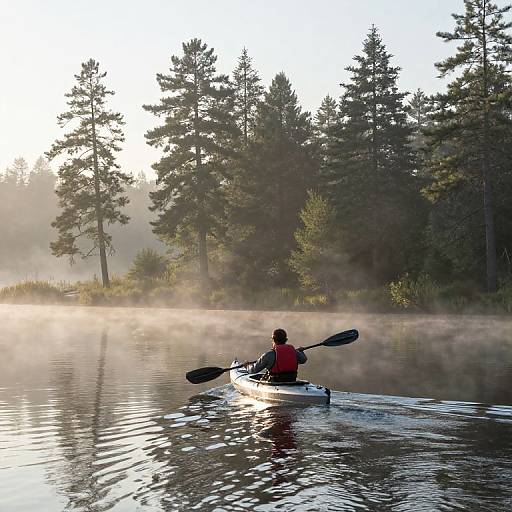 Photograph of a lone kayaker in red shirt paddling through misty lake, surrounded by tall pine trees at sunrise.