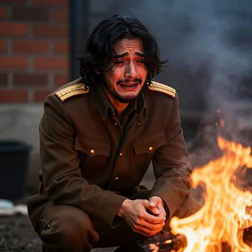 Sorrowful Soldier Kneeling by Fire