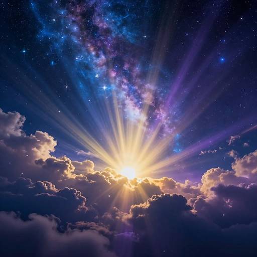 Photograph-like digital art of a radiant sunburst emerging from clouds, surrounded by a starry, galaxy-filled night sky with vibrant blues and purples