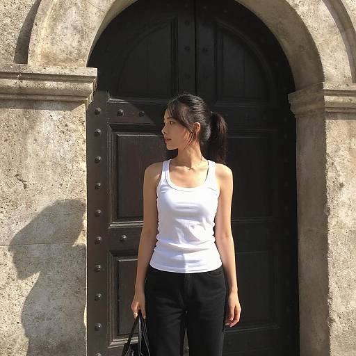 Young Woman by Arched Wooden Door
