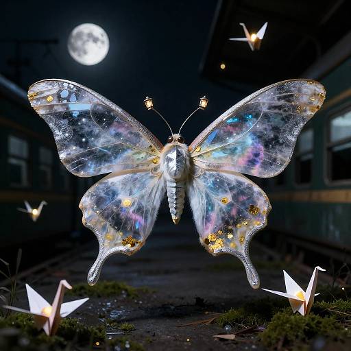 Crystalline Moth at Moonlit Train Station