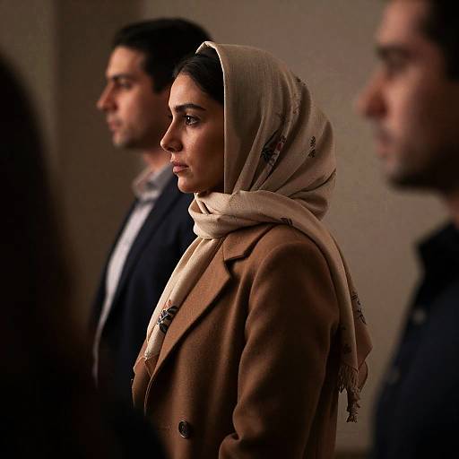 Woman in Beige Headscarf and Brown Coat in Profile